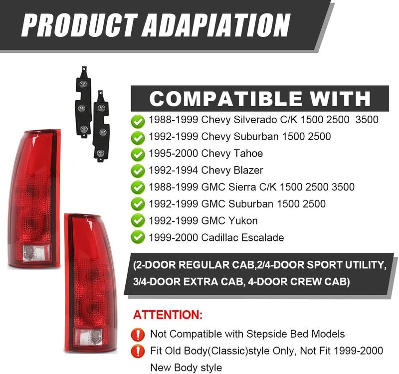 GPLUS Tail Lights Assembly w/Bulb,Comaptible with Chevy GMC C/K 1500 2500 3500,Fit Chevy Silverado 1988-1999,Fit Chevy Blazer 1992-1994, Red Left&Right Luces Traseras, Faros Traseros Rear Lamps - Image 2